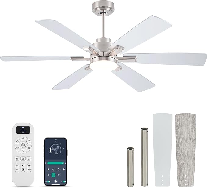 OURSTAR Ceiling Fans with Lights and Remote Control, Brushed Nickel Ceiling Fan with Light 3-Color Dimmable, Memory for Lighting and Fan Reversible, 6-Speed, Timer, Indoor/Outdoor Use, 52 Inch
