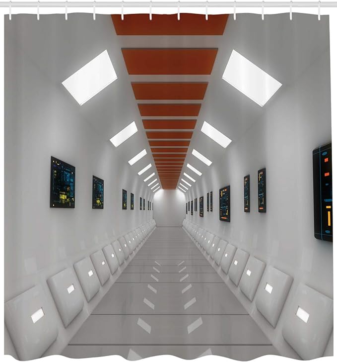 Ambesonne Futuristic Shower Curtain, Space Station UFO Futuristic Hallway with High Technology Laboratory Photo Artwork, Cloth Fabric Bathroom Decor Set with Hooks, 69" W x 75" L, White