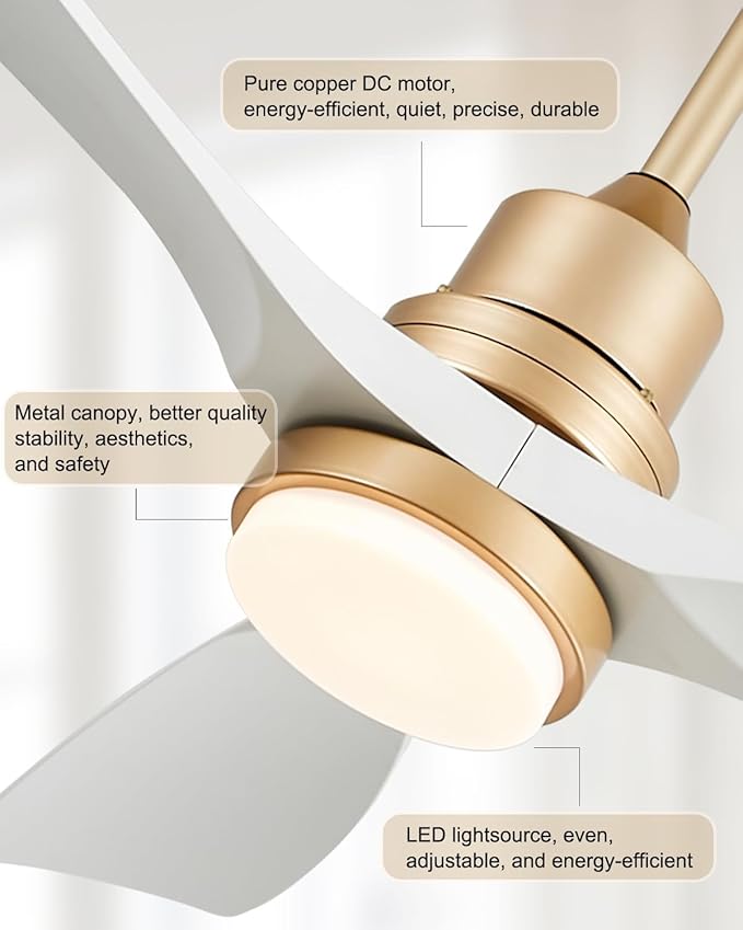 White and Gold Ceiling Fans with Lights and Remote, 52inch Modern Gold Ceiling Fan ETL Listed, 3 Downrods, 3 blade Gold Fan Reversible Quiet DC Motor, Timer,6-Speed for Outdoor Indoor,52in,White Gold