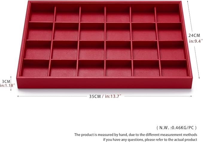 Oirlv Red Leather Jewelry Organizer 24-Grid | Red Leather Exterior, Soft Microfiber Interior, 35X24X3Cm, Vibrant Red Color, Removable Dividers, Great for Retail Display
