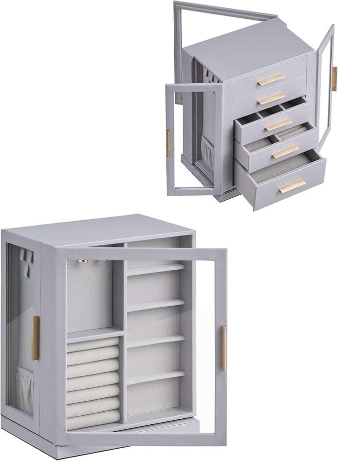 Glimmloop 360° Rotating Jewelry Box with 5 Drawers, Spacious Vertical Jewelry Organizer with Glass Window, Jewelry Storage Case, Dustproof & Moisture-resistant Design, Grey
