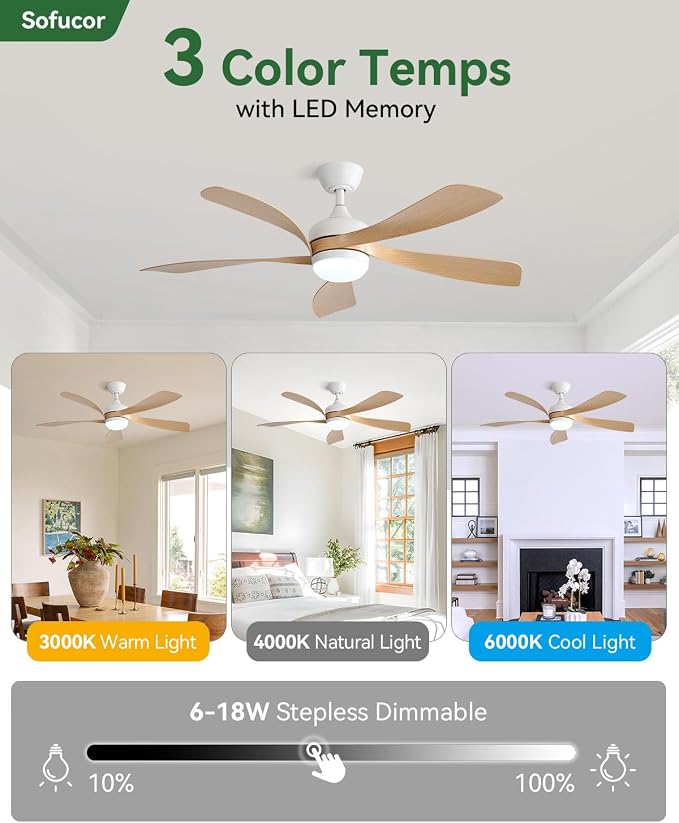 Sofucor 52 Inch Ceiling Fans with Lights and Remote, Outdoor Ceiling Fan with Light 6-Speed 3 CCT 3-Timer, Modern Low Profile Ceiling Fan 5 Blade Reversible DC Motor for Living Room Bedroom Patio