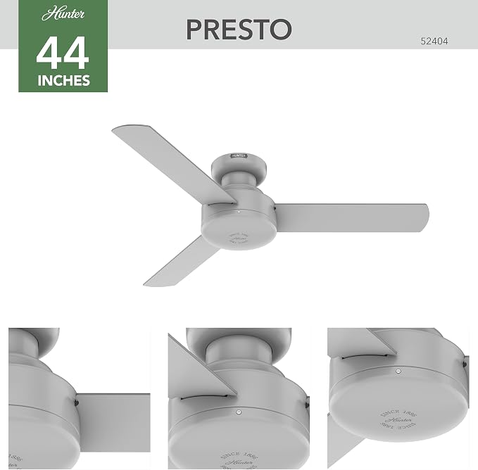 Hunter Presto, Indoor, Ceiling Fan, No Light, Modern, 44 inch, Dove Grey | Low Profile Mount, Wall Control, 3 Blades, For Bedroom, Living Room, Kitchen, 52404
