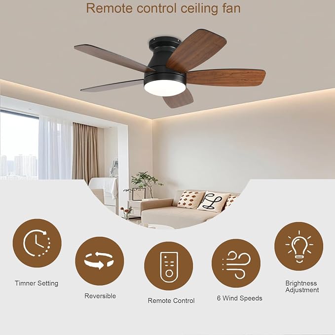 FUMLTP 42inch Ceiling Fans with Lights, Low Profile Ceiling Fan with Light and Remote Control, Flush Mount, Reversible DC Motor, Dimmable, Noiseless,Brown Small Ceiling Fan for Bedroom Indoor/Outdoor