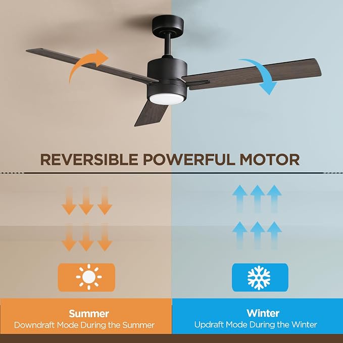 Ceiling Fan with Light Remote: 52 Inch Modern Bedroom Fans with Dimmable Tri-Color Temperature LED - Quiet Reversible DC Motor - Indoor Outdoor
