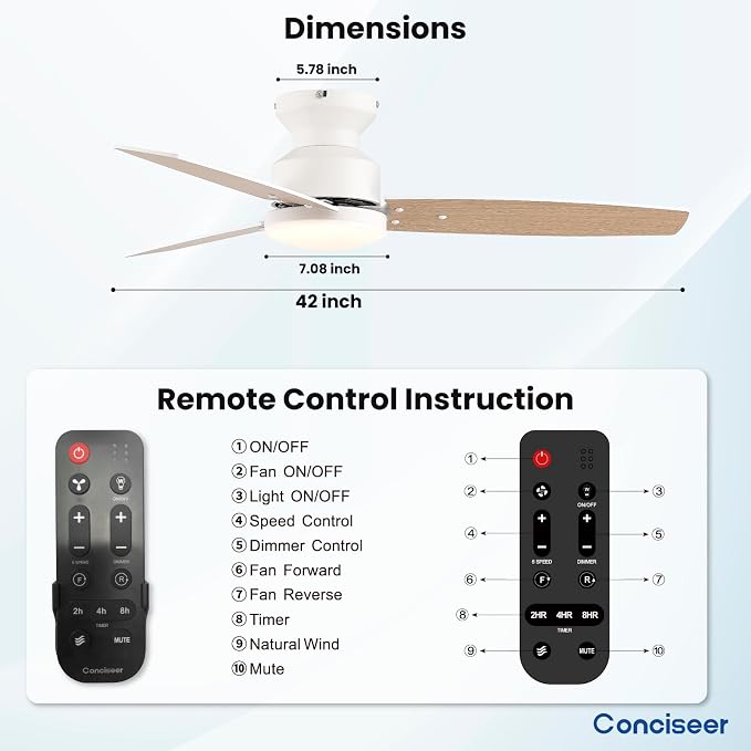 Modern Ceiling Fans with Lights, 42 Inch Ceiling Fan with Light and Remote, Bedroom Living Room Office Outdoor, Flush Mount,18W 6CCT 3 Blades 6 Speed Reversible Quiet DC Motor, White/Wood Grain