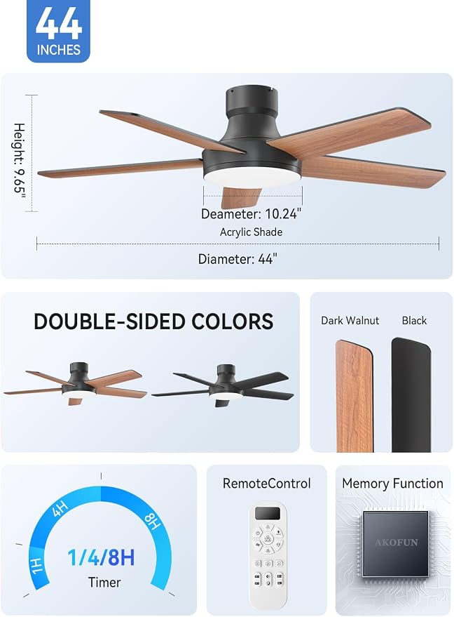 AKOFUN Ceiling Fans with Lights and Remote, Low Profile Ceiling Fan with Light, 6 Speed, Dimmable, DC Motor, Quiet, Timer, Modern LED Ceiling Fan for Bedroom Living Room 44 inch, Black