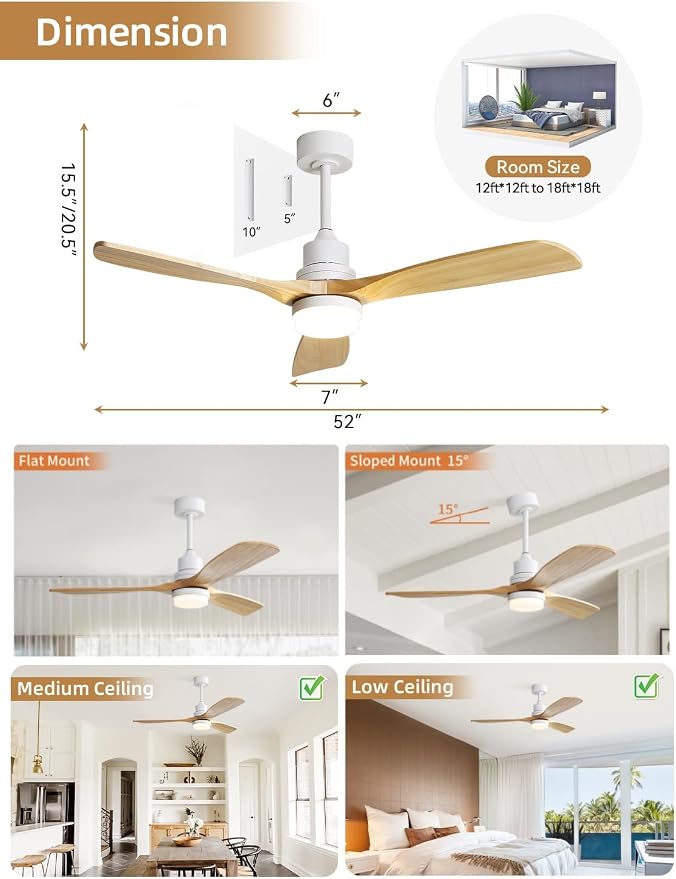 Sofucor 52 Inch Ceiling Fans with Lights and Remote Control-Modern Solid Wood Blade Outdoor Ceiling Fan for Bedroom Living Room Indoor/Bedroom/Living Room/Patio/Dining Room,Quiet DC Motor,Natural Wood