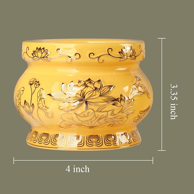 Qinlang Small Yellow Ceramic Buddhist Incense Burner Bowl, Buddha Incense Holder for Stick - 4 Inches