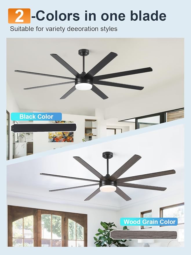 YUHAO 72 Inch Black Ceiling Fan with Light and Remote Control.Noiseless,Dimmable,3CCT,6 Speeds Reversible, DC Ceiling Fans for Indoor or Covered Outdoor Use.ETL Listed
