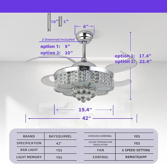 BAYSQUIRREL Retractable Ceiling Fan with Light and Remote/APP Control, Bluetooth Ceiling Fans with Speaker, RGB-LED Light 6 Speeds Reversible Blades,Chandelier Crystal Ceiling Fan with Lights