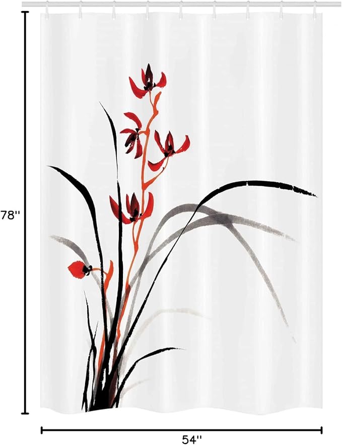 Ambesonne Japanese Stall Shower Curtain, Classic Cultural Chinese Ink Paint of Native Wild Orchids Reflexive Birches, Fabric Bathroom Decor Set with Hooks, 54" W x 78" L, Orange Black