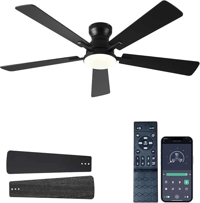 JSAITEE Ceiling Fans with Lights, 52Inch Low Profile Ceiling Fan with Light and Remote/App Control, Modern Flush Mount Black Ceiling Fan, 3CCT Dimmable, Reversible DC Motor, for Living Room,Bedroom