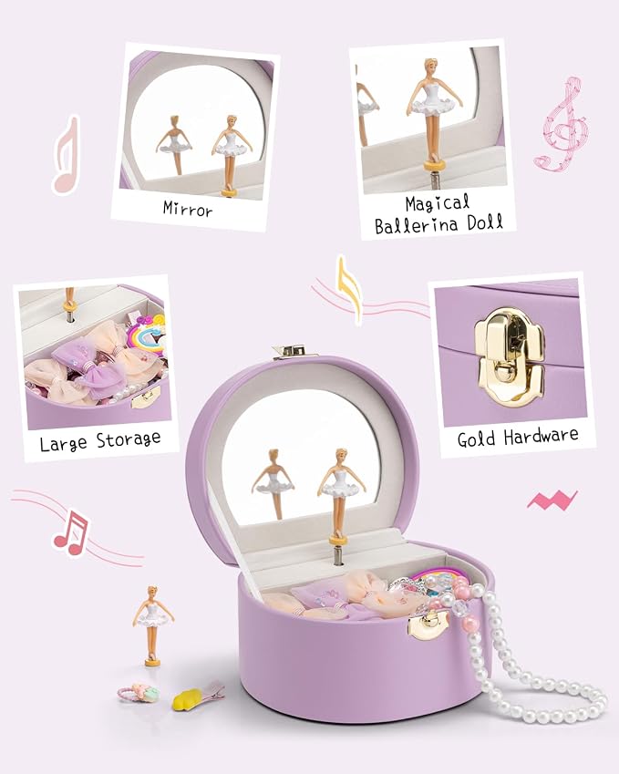 VLANDO Bithday Gifts for Girl, Musical Jewelry Box for Girls, Small Kid Music Box with Ballerina for Party Bedroom Decor, Gifts for Girls Kids - Purple
