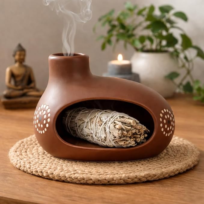 Palo Santo Holder, Chimney Palo Santo Burner, Ceramic Incense Holder with Ash Catcher for Yoga, Meditation, Home Fragrance & Cleansing, Burning Palo Santo Sticks, Cone Incense, Resin, Sage