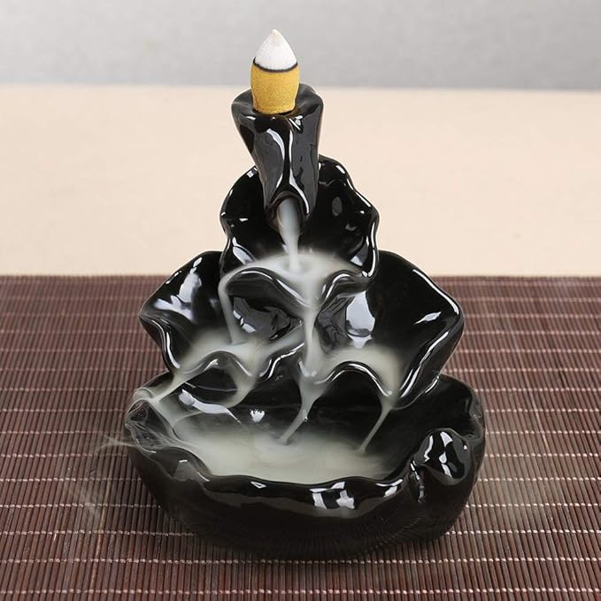 Waterfall Incense Burner Backflow Ceramic Inscents Cone Stick Holder with 10 Cool Back Flow Cones Incent Set
