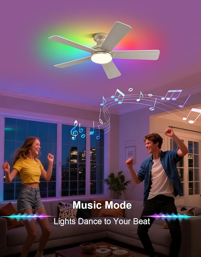 42 inch RGB Ceiling Fan with Light, Voice & App & Remote Control Low Profile Flush Mount Ceiling Fan,6 Speeds Silent Motor, 4-Color Temperature Dimmable for Home Office Party, Champagne Gold