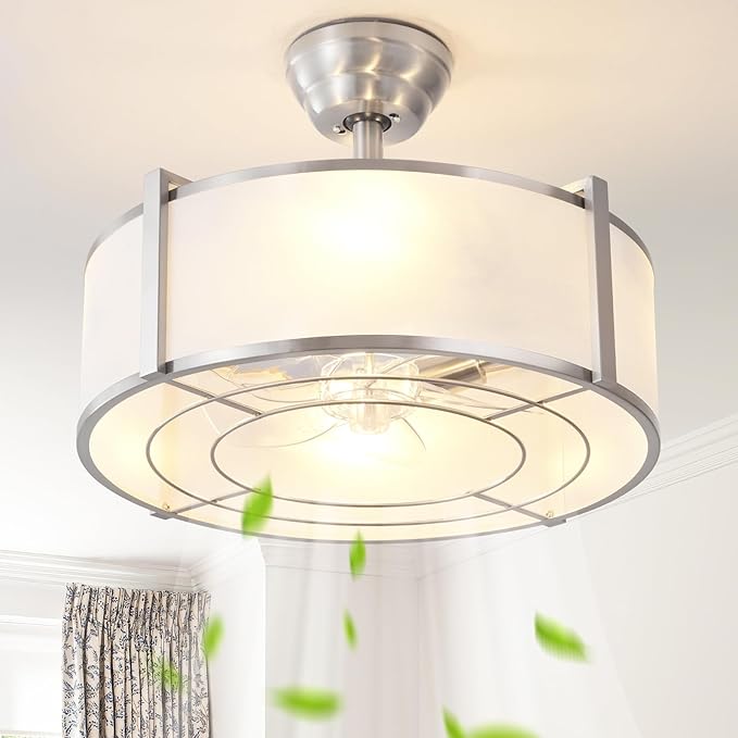 20" Silver Fandelier Ceiling Fans with Lights, Boho Rattan Ceiling Fan with Light Remote Control, Caged Mid-Century Modern with 6 Speeds for Bedroom, Nursery, Living Room