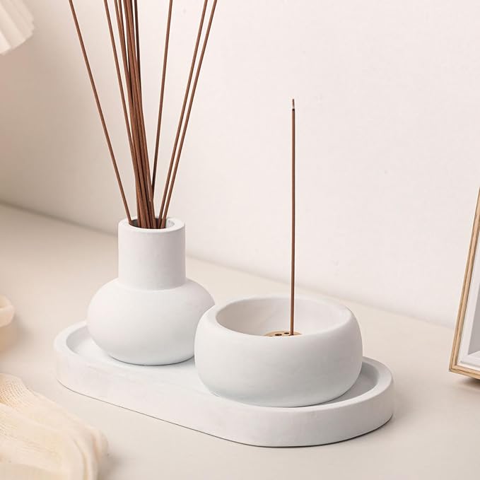 Concrete Incense Burner Set with Holder and Tray,Multifunction Incense Holder for Burning Sage,Palo Santo,Incense Sticks,Ideal for Meditation Home Decor(White)