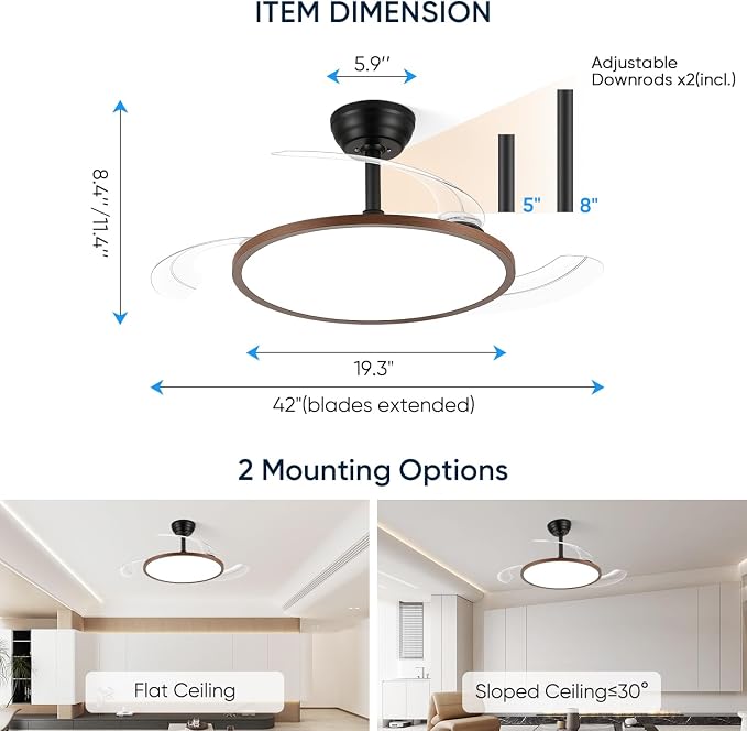 42 Inch Retractable Ceiling Fan with Lights, Fandelier Ceiling Fan for Bedroom Living Room Dinning Room, Chandelier with Fan 6 Speed, 3 Color Temperature, Reversible DC Motor-Black