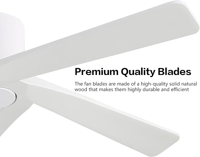 WINGBO 48 Inch Flush Mount DC Ceiling Fans without Lights, 5 Carved Solid Wood Blades, 6-Speed Reversible DC Motor, Low Profile Hugger Ceiling Fan No Lights for Indoor and Outdoor, Gloss White