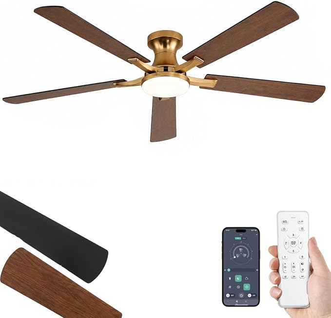 ZMISHIBO 60 Inch Ceiling Fan with Light, App&Remote Control, Flush Mount Low Profile, Dimmable 20W LED Light, Quiet Reversible Motor for Bedroom, Living Room, Apartment, Gold