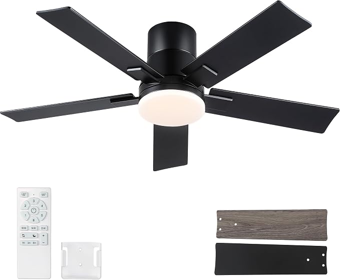 Rayqueen 42 Inch Flush Mount Black Ceiling Fans with Lights and Remote | 6 Speed Reversible DC motor,3-color temperature dimmable LED.For indoor/covered outdoor.Modern style for bedroom room