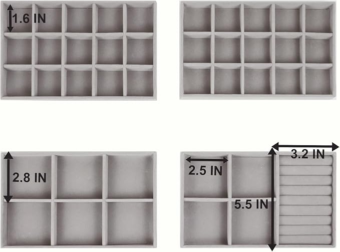 Set of 4 Stackable Jewelry Trays Organizer, Velvet Earring Organizer, Jewelry Organizer Showcase Display Drawer Organizer Storage, Earring Holder Necklace Bracelet Ring Accessary Organizers (Gray)