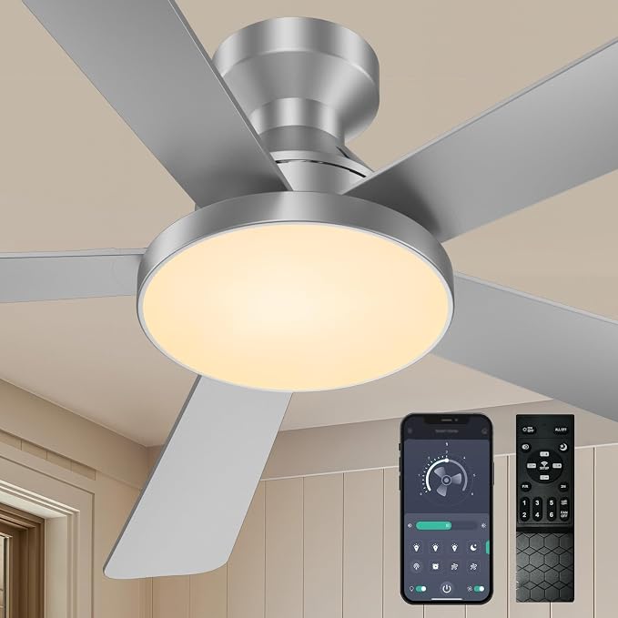 Ceiling Fans with Lights, 52 inch Low Profile Ceiling Fan with Light, Remote/App Control, Flush Mount Modern Ceiling Fan for Bedroom, Indoor/Outdoor (Silver)