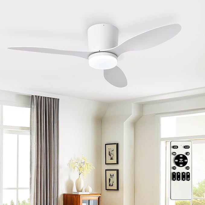 Depuley Flush Mount Ceiling Fan: 42-Inch White Ceiling Fans with Lights for Bedroom Indoor Outdoor - Low Profile Ceiling Fans with Remote Control 24W 3CCT Dimmable 3 Reversible White Blades 6 Speeds