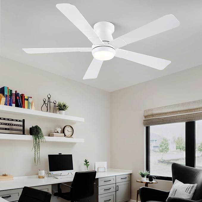 Hounberi 52" Flush Mount Ceiling Fan with Lights and Remote, Modern Black Low Profile Ceiling Fan, Quiet Reversible DC Motor, 3CCT Dimmable LED, Ideal for Bedroom, Kitchen and Low Ceilings, White