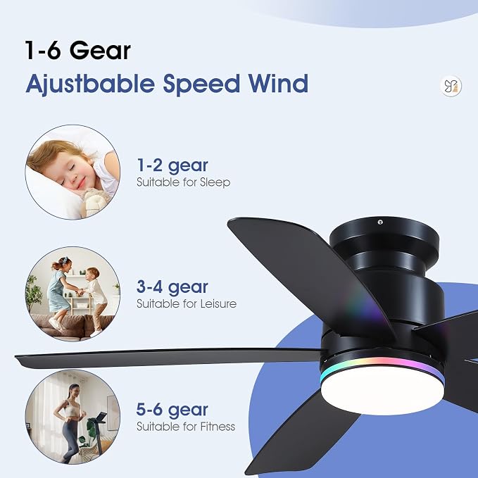 Wiviniya 46 Inch Black Flush Mount Ceiling Fans with Lights, 5 Blades Reversible, 6-Speed 2H Timer, RGB & 3 CCT Dimmable, Remote & APP Control for Bedroom Kidsroom