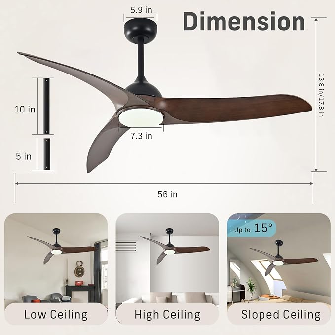 Ceiling Fans with Lights, 56 inch Ceiling Fan with Light and Remote Control, Flush Mount, 3CCT, Dimmable, Quiet Reversible Motor, Black Ceiling Fan for Bedroom Indoor/Outdoor Use
