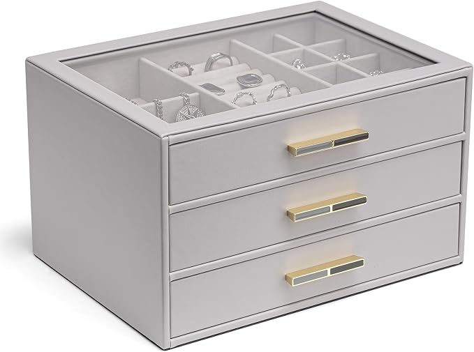 VLANDO 3-Drawer Jewelry Box with Glass Lid, Faux Leather Organizer for Rings Earrings Necklaces and More, Gift-Ready Jewelry Case for Women Girls or Moms, Grey