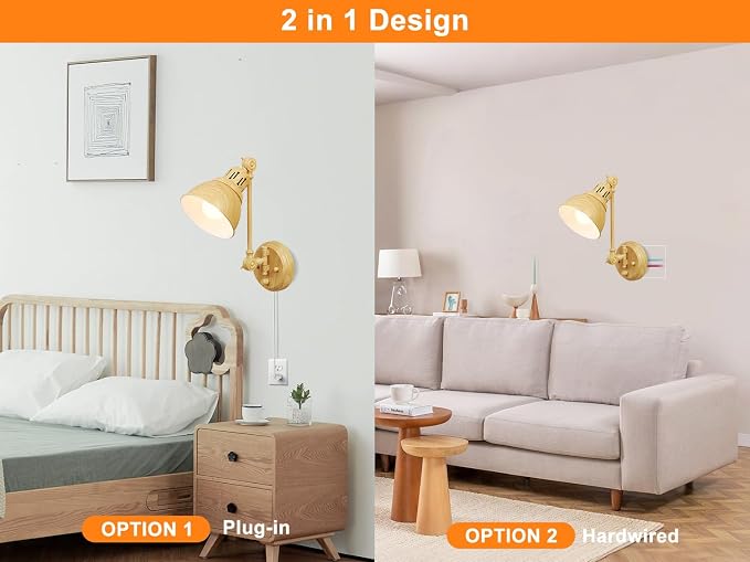 GOODATE 1 Pack Plug in Wall Sconce with Remote Control, Dimming, Adjustable Colors 2700K-6500K, Plug in Wall Light, Swing Arm Wall Lamp with Night Light & Timer, LED Bulb Included, Oak Finish