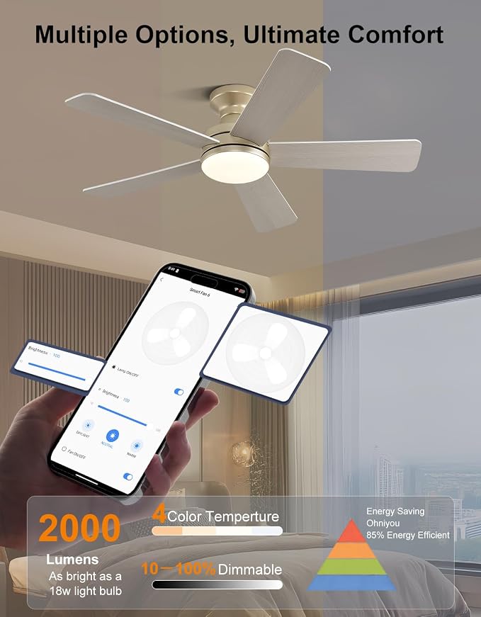 42 inch RGB Ceiling Fan with Light, Voice & App & Remote Control Low Profile Flush Mount Ceiling Fan,6 Speeds Silent Motor, 4-Color Temperature Dimmable for Home Office Party, Champagne Gold