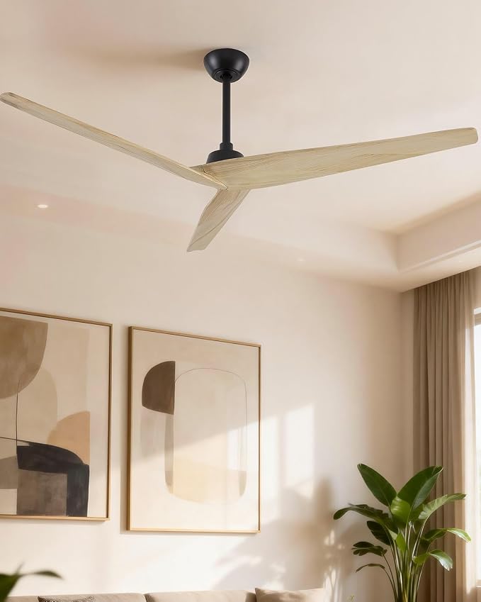 Skylike 60in Modern Wood Ceiling Fan No Light with Remote for Bedroom-Light | Real Wood Blades,Quiet DC Motor,Reversible,Beep-Off Function,6 Speeds,3 Timers,12" downrod ,Indoor and Outdoor