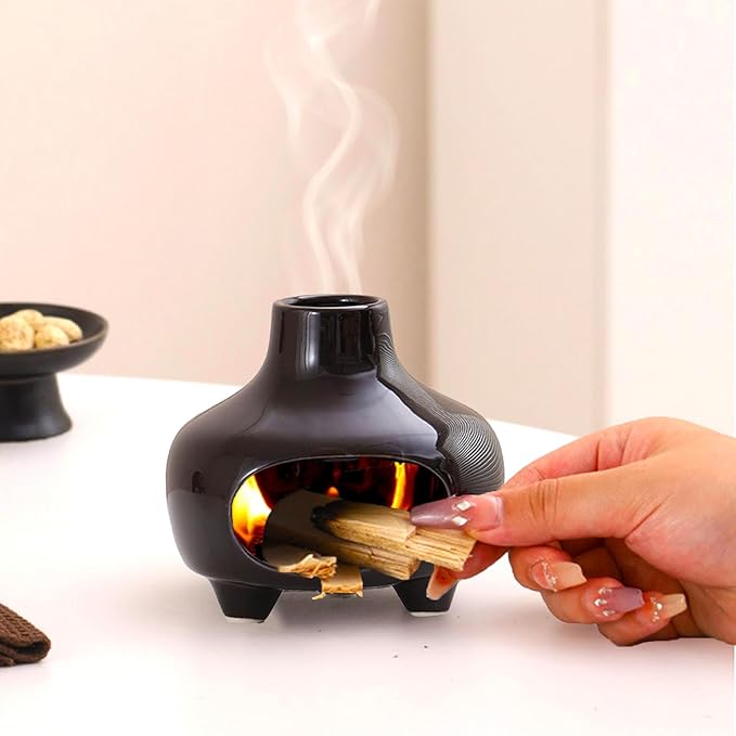 Palo Santo Holder,Ceramic Palo Santo Burner Incense Holder,Black Cone Incense Burner Mini Chiminea Wood Sticks,Ash Catcher,Aromatic Home Decor for Spiritual Rituals,Yoga,Meditation, 4*4*4INCH