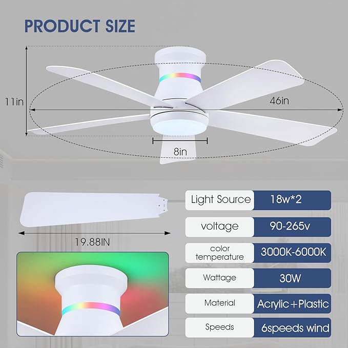 Surtime 46" White Ceiling Fans with RGB Lights - Flush Mount Ceiling Fan Light with LED 3CCT Dimmable, Modern Low Profile Ceiling Fans for Indoor Party,Covered Outdoor