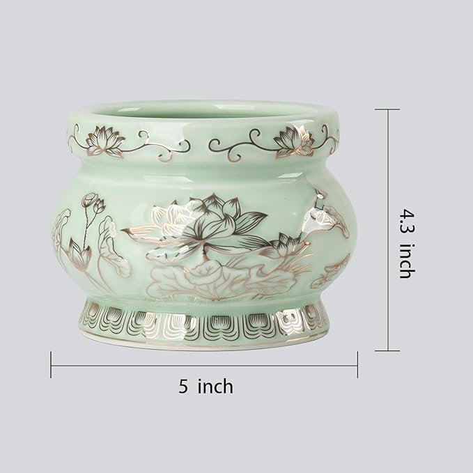 Qinlang Small Green Ceramic Buddhist Incense Burner Bowl, Buddha Incense Holder for Stick - 5 Inches
