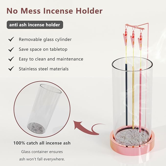 Incense Holder Ash Catcher - Upside Down Glass Incense Holder for Sticks, Reverse Inverted Anti Ash No Mess Insence-Stick Holder, Modern Metal Decorative Vertical Incense Burner, Rose Gold