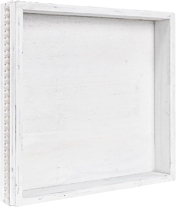 Wooden Decorative Tray, Small Serving Tray with Wood Bead, Farmhouse Big Tray for Ottoman, Countertop, Coffee Tabl, 13" x 13"x 1.6" (Retro White)