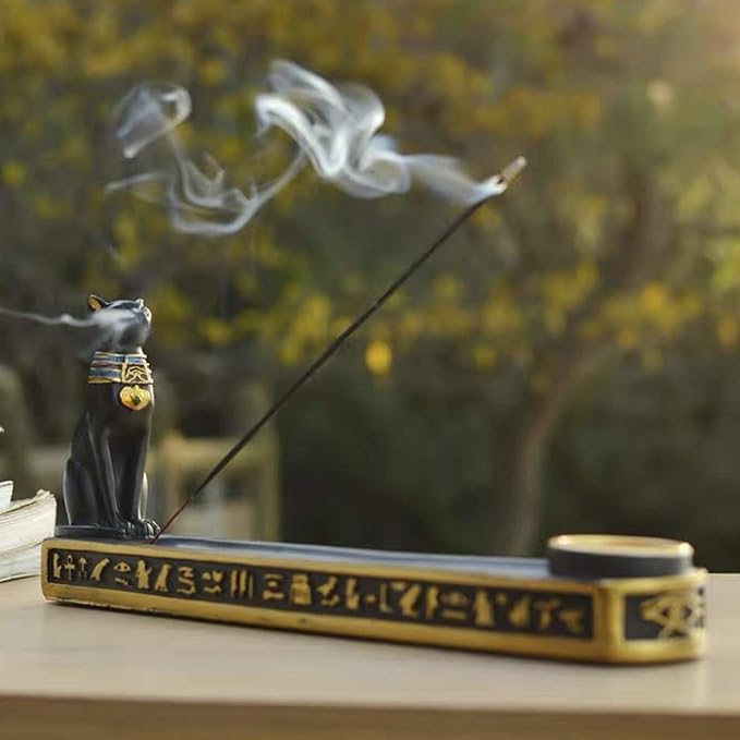 Ancient Egypt Egyptian Bastet Cat Goddess Statue Collectible Figurine Bastet Golden Incense Sticks Burner/Holder