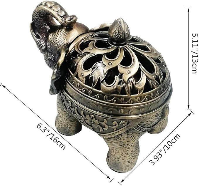 Hourwof Metal Elephant Incense Holder,Vintage Cone Coil Incense Burner with Lid,Ash Catcher,Aromatherapy Ornament Home Office Decor,Bronze