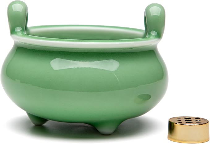 Ceramic Incense Holder,Celadon Green Porcelain Three Legs Two Ears Joss Sticks Incense Burner with 9 Incense Holes (Green)