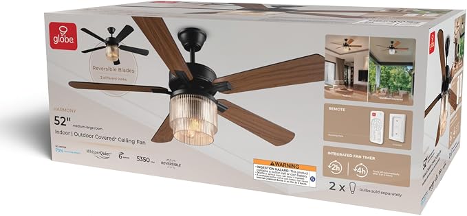 52" Matte Black 2-Light Indoor/Covered Outdoor Ceiling Fan with Glass Shade and Remote Control | WhisperQuiet DC Motor, 6 Speeds, Reversible Blades, Reversible Airflow, Remote Included, Bulbs Sold Separately