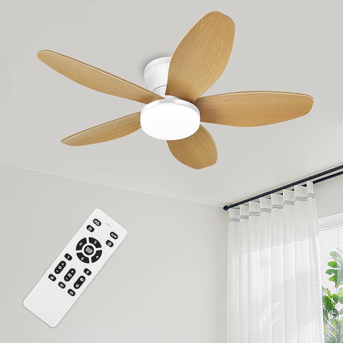 Ceiling Fans with Lights - 35 Inch Small Low Profile Ceiling Fan and Remote,Flush Mount Ceiling Fan with 5 Reversible Blades 6 Wind Speeds, White&Wood Modern Ceiling Fans for Bedroom Kitchen