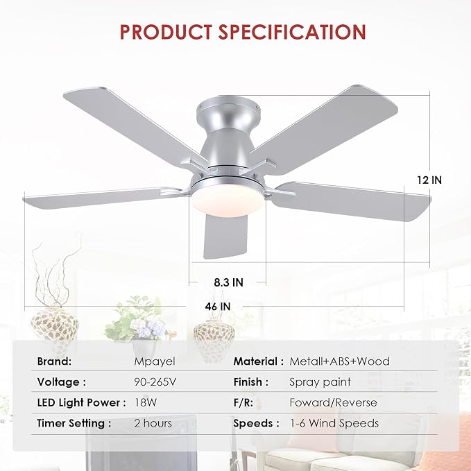 Mpayel 46 Inch Ceiling Fans with Lights and Remote, Silver Ceiling Fan with Light Flush Mount, Low Noise, Reversible, Dimmable, Modern Low Profile Ceiling Fan with Light for Bedroom Indoor Outdoor