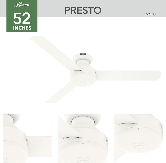 Hunter Presto, Indoor, Ceiling Fan, Wall Control, 52 inch, Matte White | For Bedroom, Living Room, Kitchen, Home Office, 52408
