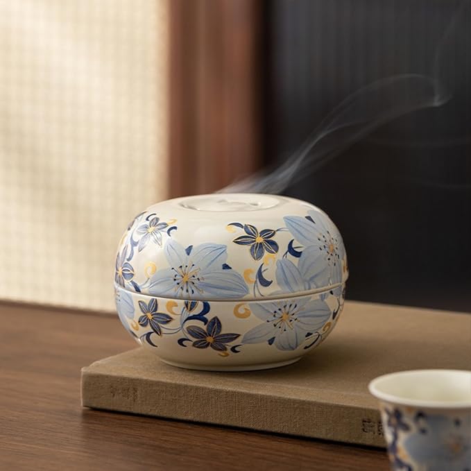 Blue Ceramic Incense Burner - Lily Flower Pattern insence Holder for Frankincense, Bakhoor, Charcoal, Stick, Powder, Cone, Coil, and Tower Incense